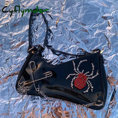 Cyflymder Punk Gothic Shoulder Bag Harajuku Patent Leather Shiny Diamond Spider Irregular Womens