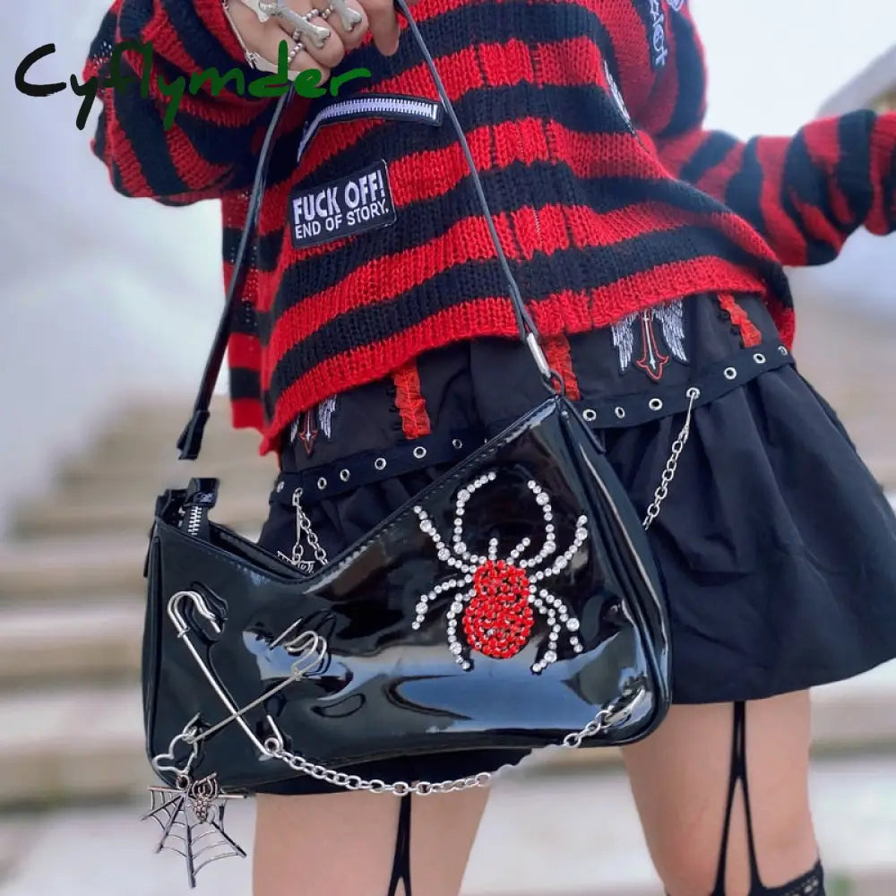 Cyflymder Punk Gothic Shoulder Bag Harajuku Patent Leather Shiny Diamond Spider Irregular Womens