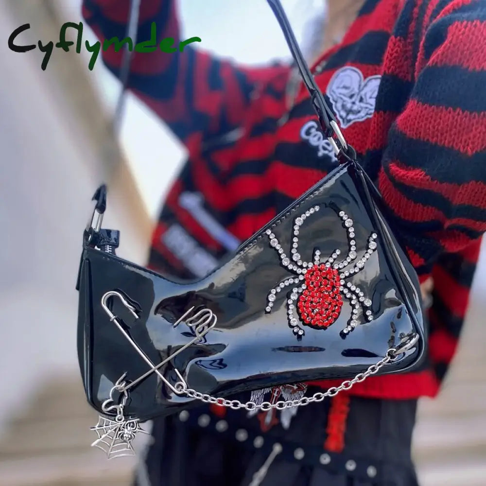 Cyflymder Punk Gothic Shoulder Bag Harajuku Patent Leather Shiny Diamond Spider Irregular Womens