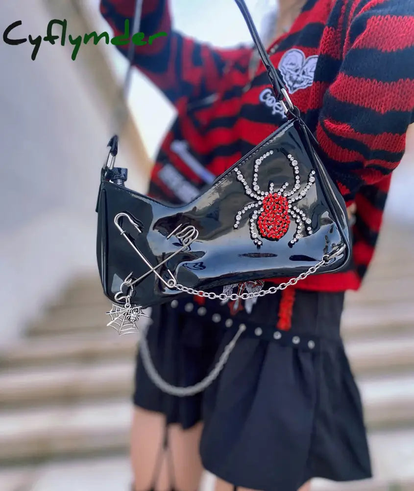 Cyflymder Punk Gothic Shoulder Bag Harajuku Patent Leather Shiny Diamond Spider Irregular Womens