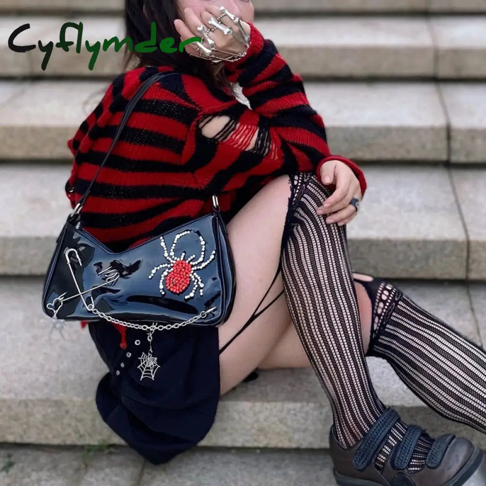 Cyflymder Punk Gothic Shoulder Bag Harajuku Patent Leather Shiny Diamond Spider Irregular Womens