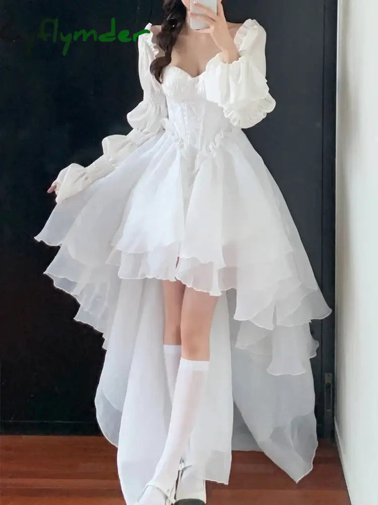 Cyflymder Pure Color Fairy Midi Dress Women White Elegant Evening Party Beach 2024 Spring Casual