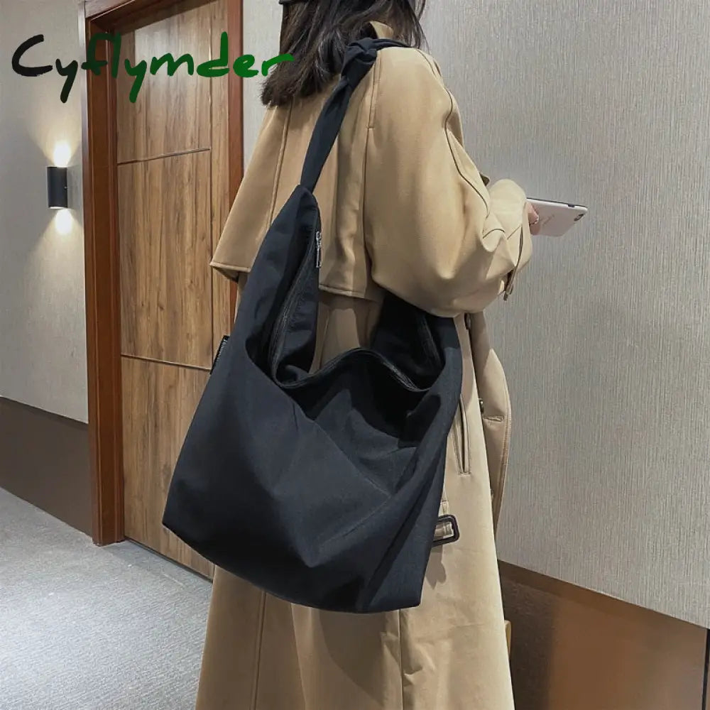 Cyflymder Pure Color Nylon Big Tote Bags For Women New Shoulder Shopping Bag Waterproof Fabric