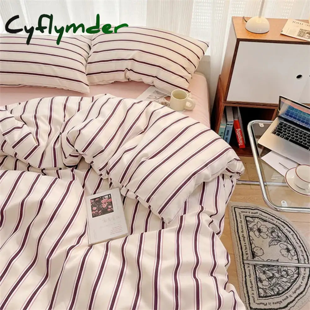 Cyflymder Pure Cotton Home Textile Blue Striped Bedding Set Simple Soft Duvet Cover Sheet Pillowcase Ins Style Bed