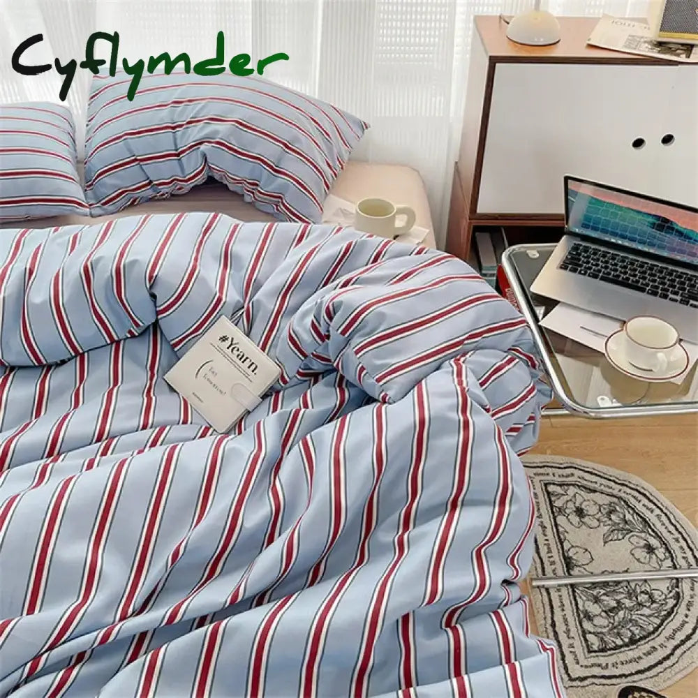 Cyflymder Pure Cotton Home Textile Blue Striped Bedding Set Simple Soft Duvet Cover Sheet Pillowcase Ins Style Bed