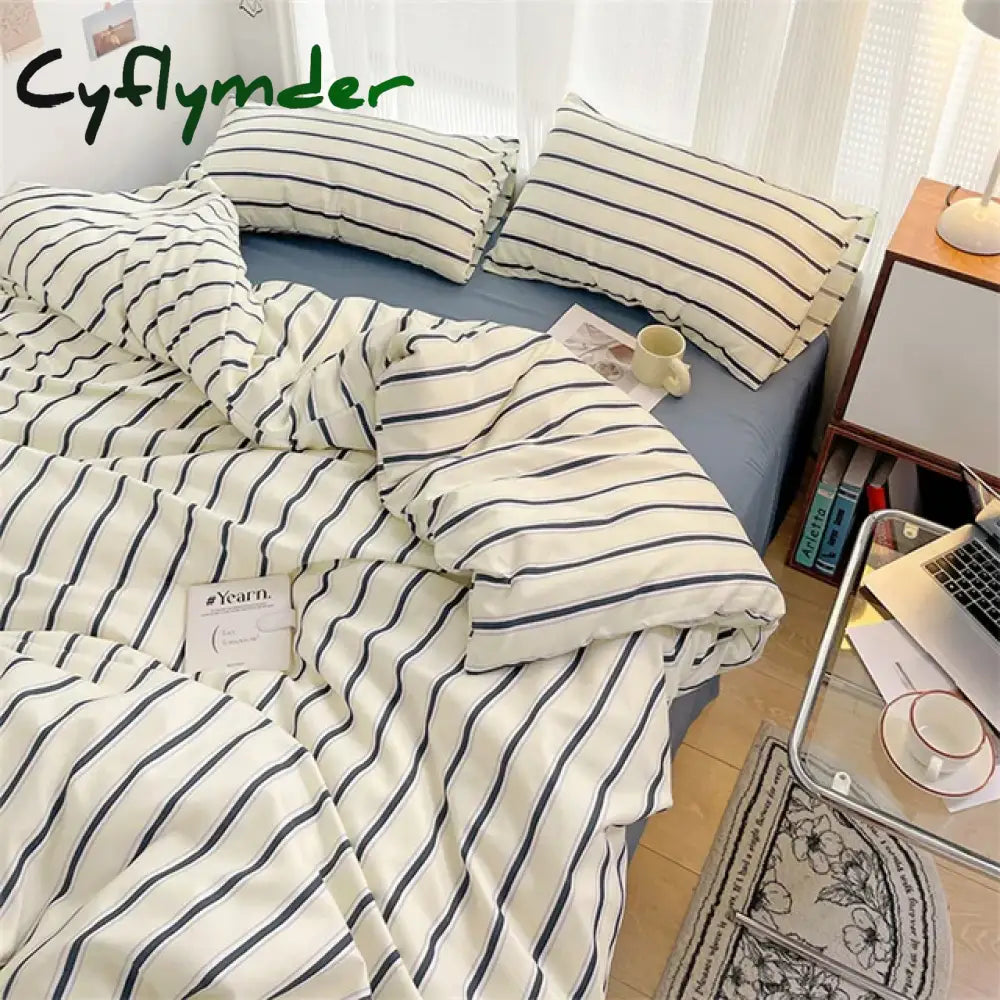 Cyflymder Pure Cotton Home Textile Blue Striped Bedding Set Simple Soft Duvet Cover Sheet Pillowcase Ins Style Bed