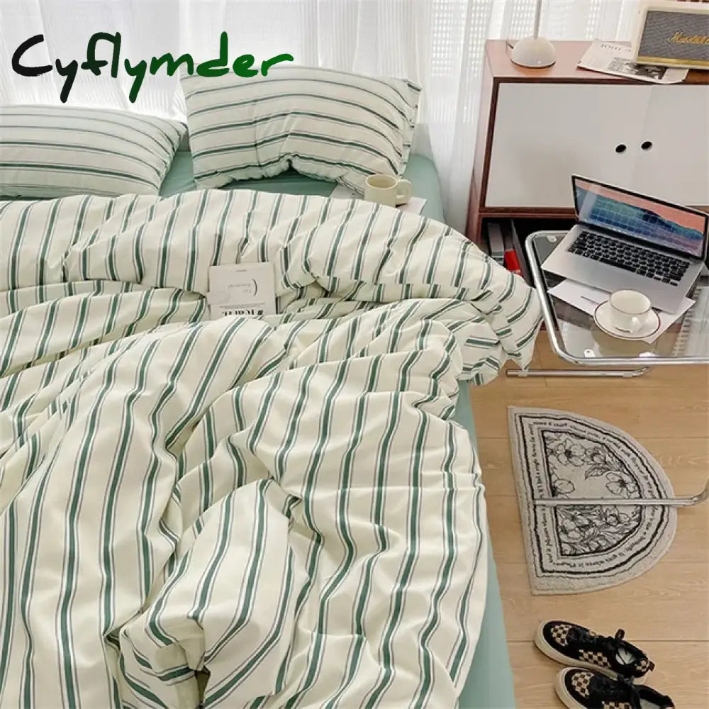 Cyflymder Pure Cotton Home Textile Blue Striped Bedding Set Simple Soft Duvet Cover Sheet Pillowcase Ins Style Bed