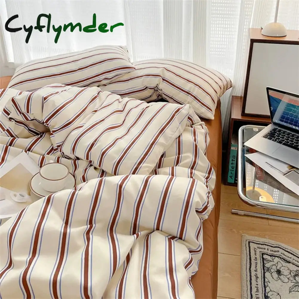 Cyflymder Pure Cotton Home Textile Blue Striped Bedding Set Simple Soft Duvet Cover Sheet Pillowcase Ins Style Bed