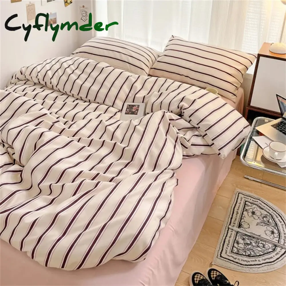 Cyflymder Pure Cotton Home Textile Blue Striped Bedding Set Simple Soft Duvet Cover Sheet Pillowcase Ins Style Bed