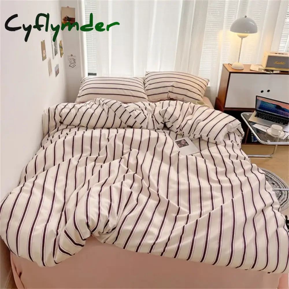 Cyflymder Pure Cotton Home Textile Blue Striped Bedding Set Simple Soft Duvet Cover Sheet Pillowcase Ins Style Bed