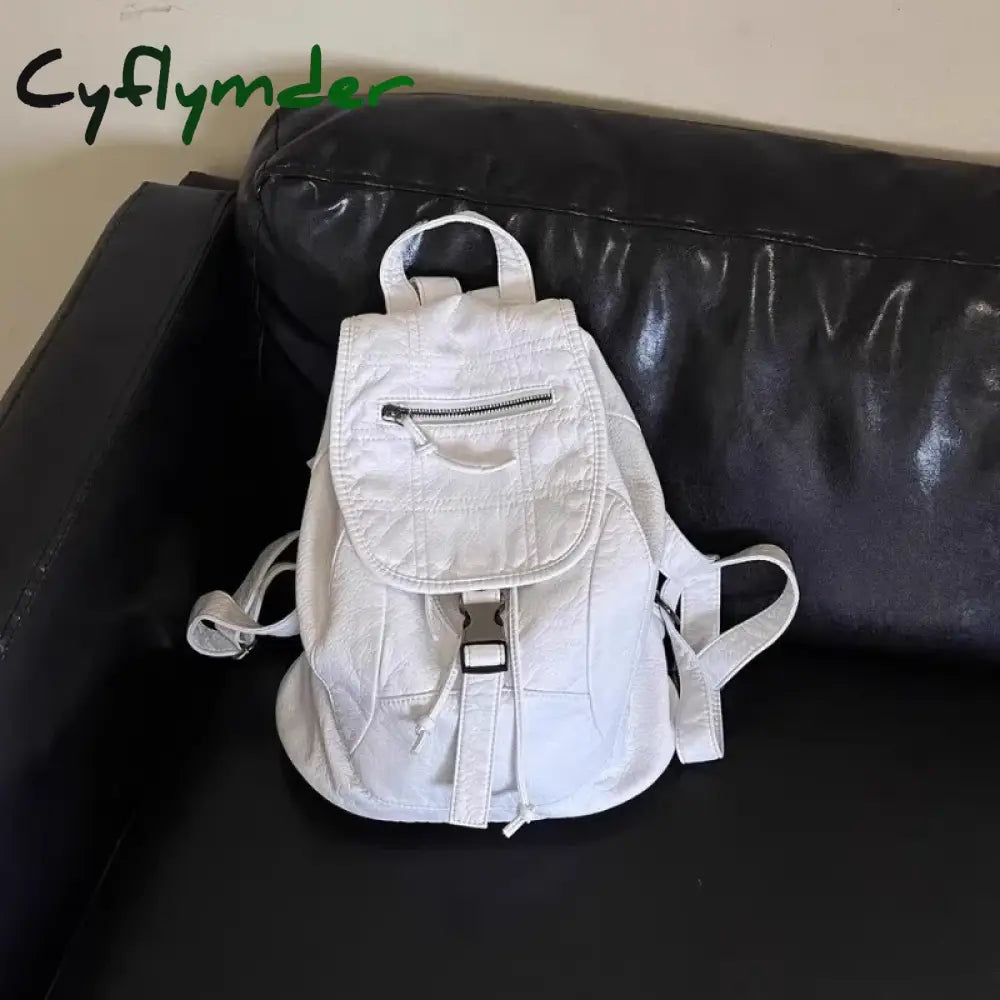 Cyflymder Pure White Womens Backpack Vintage Leather Soft Washed American Style College Large
