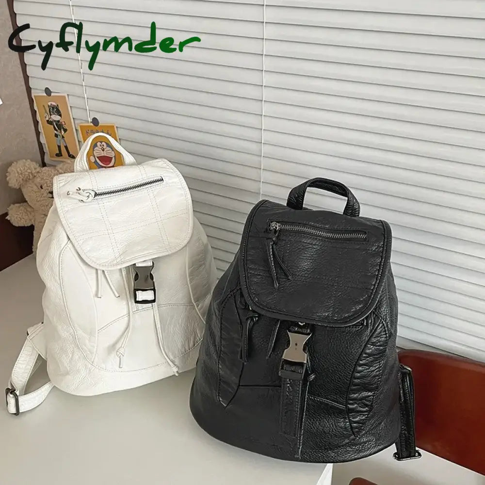 Cyflymder Pure White Womens Backpack Vintage Leather Soft Washed American Style College Large