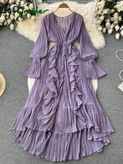 Cyflymder Purple/Brown/Red Chiffon Pleated Long Dress Women Vintage V-Neck Flare Sleeve Draped Ruffle Vestido Female