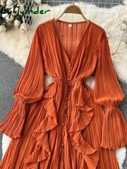 Cyflymder Purple/Brown/Red Chiffon Pleated Long Dress Women Vintage V-Neck Flare Sleeve Draped Ruffle Vestido Female