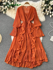 Cyflymder Purple/Brown/Red Chiffon Pleated Long Dress Women Vintage V-Neck Flare Sleeve Draped