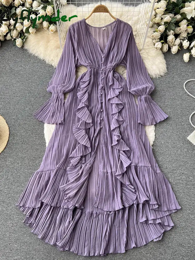 Cyflymder Purple/Brown/Red Chiffon Pleated Long Dress Women Vintage V-Neck Flare Sleeve Draped