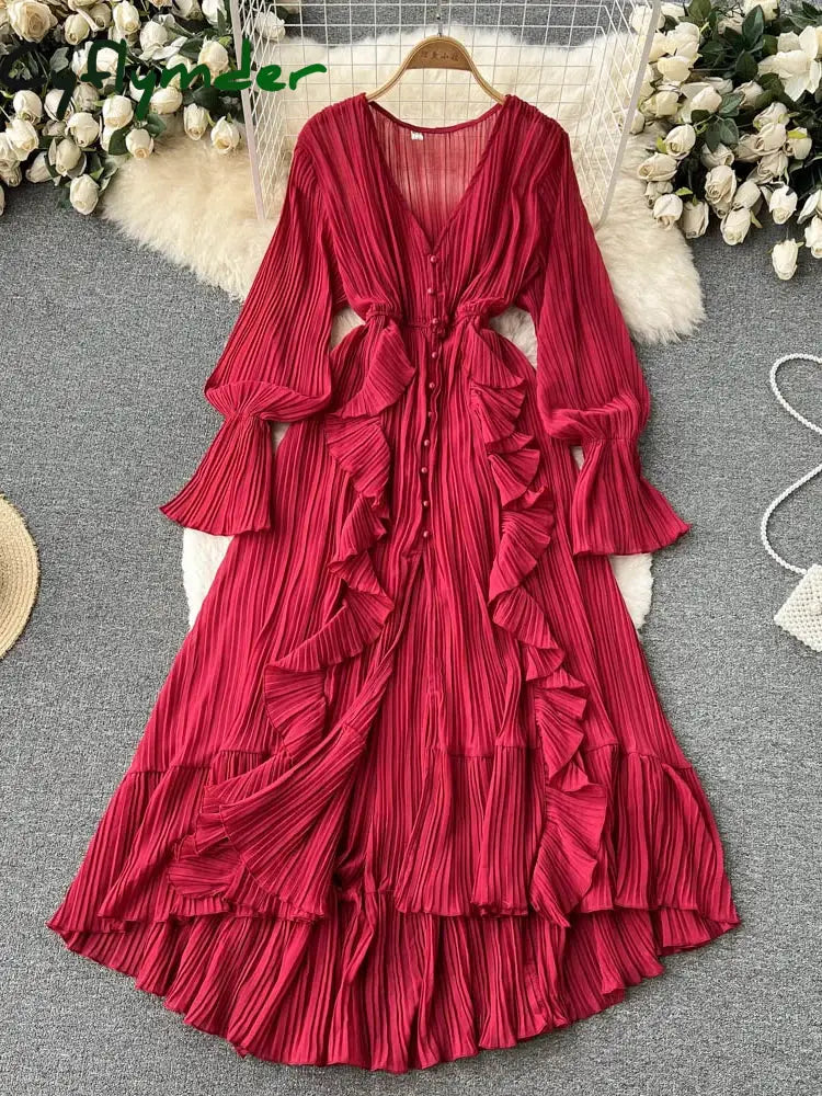 Cyflymder Purple/Brown/Red Chiffon Pleated Long Dress Women Vintage V-Neck Flare Sleeve Draped