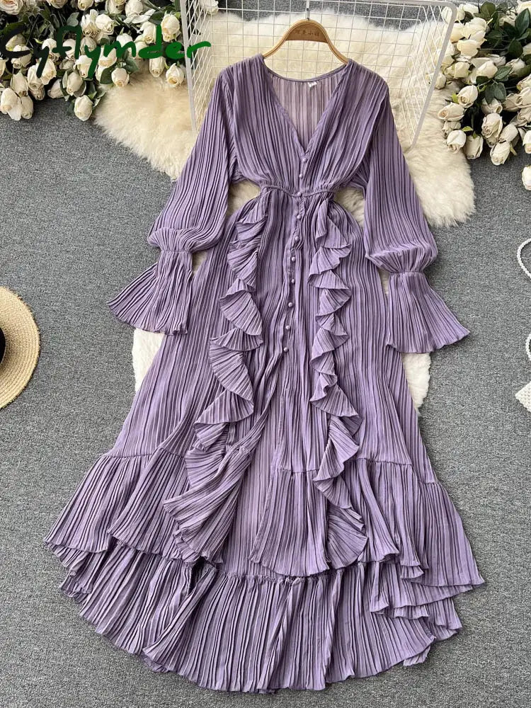 Cyflymder Purple/Brown/Red Chiffon Pleated Long Dress Women Vintage V-Neck Flare Sleeve Draped Ruffle Vestido Female