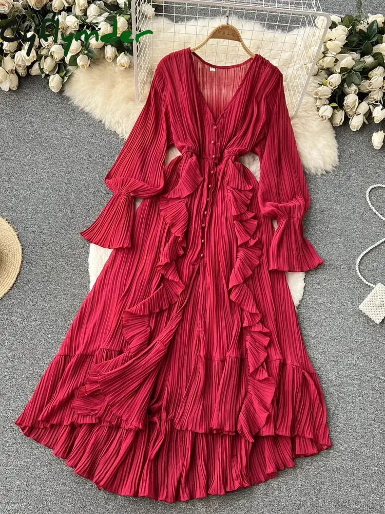 Cyflymder Purple/Brown/Red Chiffon Pleated Long Dress Women Vintage V-Neck Flare Sleeve Draped Ruffle Vestido Female