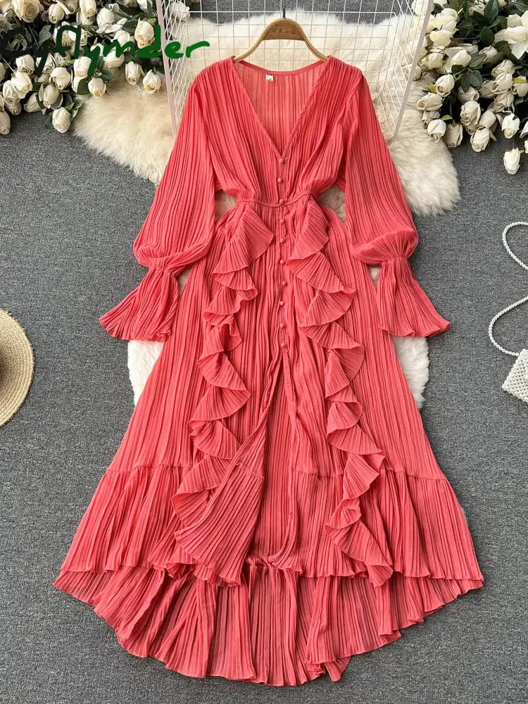 Cyflymder Purple/Brown/Red Chiffon Pleated Long Dress Women Vintage V-Neck Flare Sleeve Draped Ruffle Vestido Female