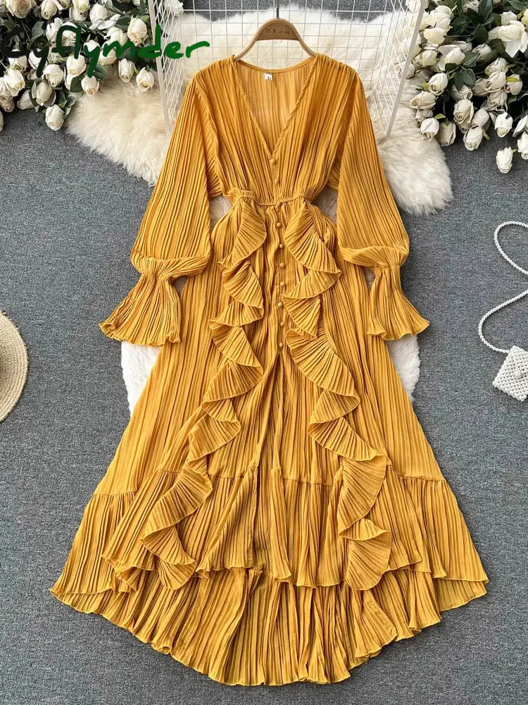 Cyflymder Purple/Brown/Red Chiffon Pleated Long Dress Women Vintage V-Neck Flare Sleeve Draped Ruffle Vestido Female