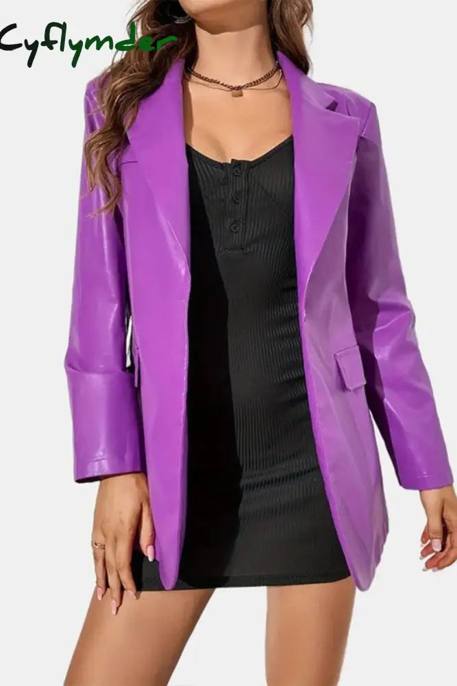 Cyflymder - Purple Casual Solid Patchwork Turn-Back Collar Outerwear Blazers