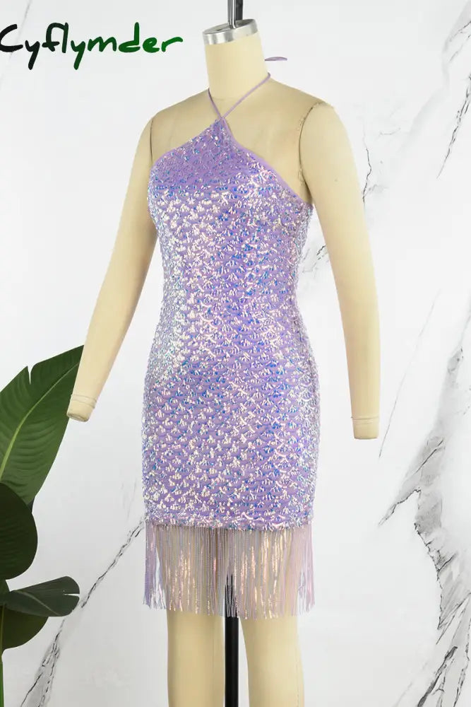 Cyflymder - Purple Sexy Patchwork Tassel Sequins Backless Halter Sleeveless Dress Dresses