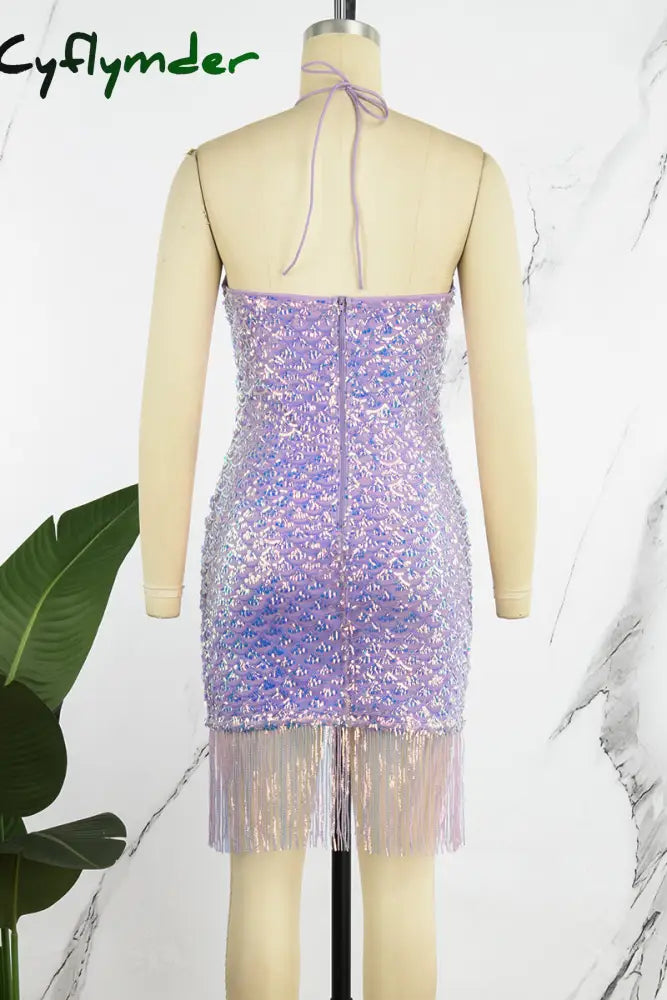 Cyflymder - Purple Sexy Patchwork Tassel Sequins Backless Halter Sleeveless Dress Dresses