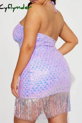 Cyflymder - Purple Sexy Patchwork Tassel Sequins Backless Halter Sleeveless Dress Dresses