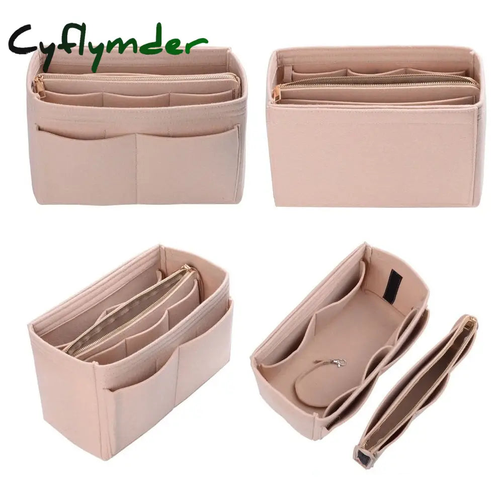 Cyflymder Purse Organizer Insert Makeup Handbag Felt Bag Organizer With Zipper & Tote Shaper Fit