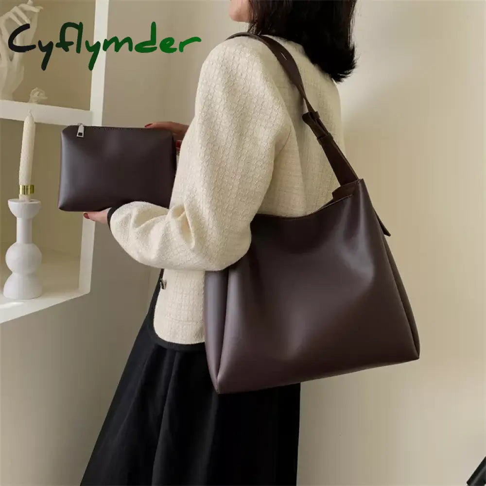 Cyflymder Quality Women Tote Bags 2 Pcs/Set Large Capacity Shopper Shoulder Bag Pure Color Wide
