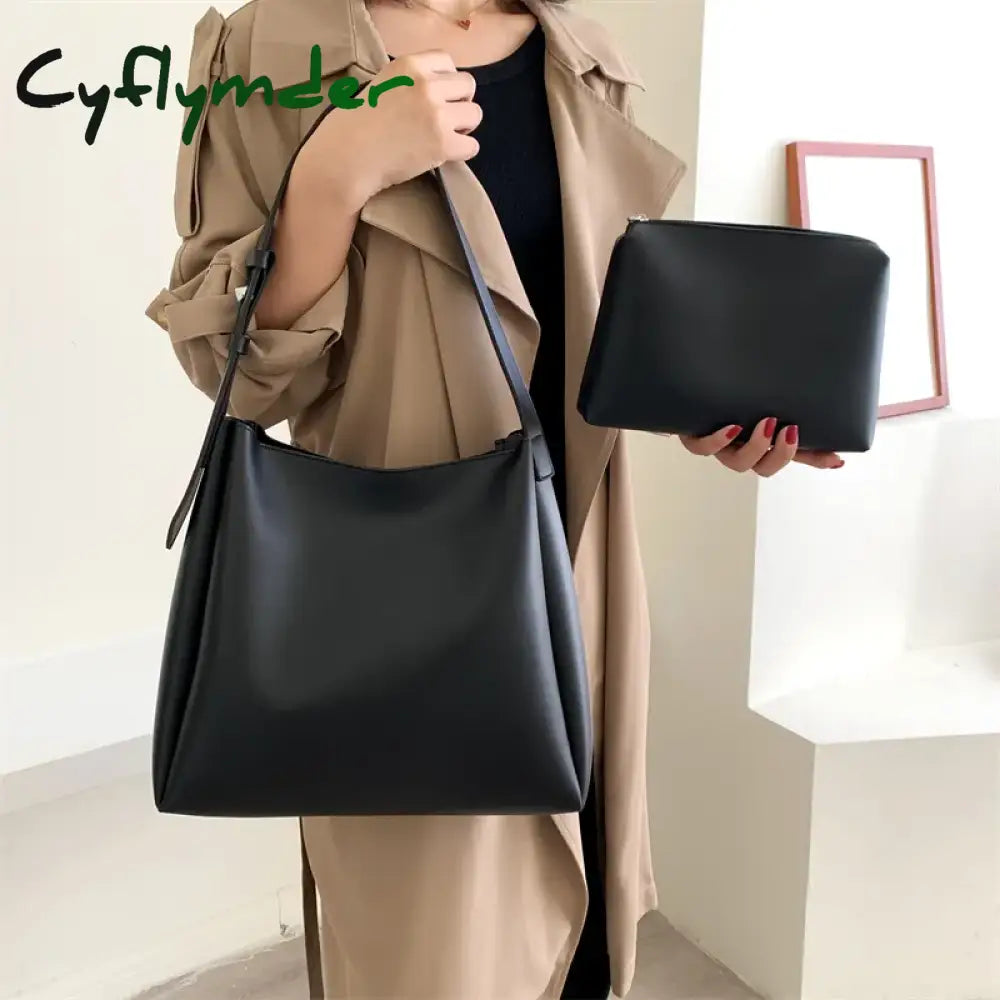 Cyflymder Quality Women Tote Bags 2 Pcs/Set Large Capacity Shopper Shoulder Bag Pure Color Wide