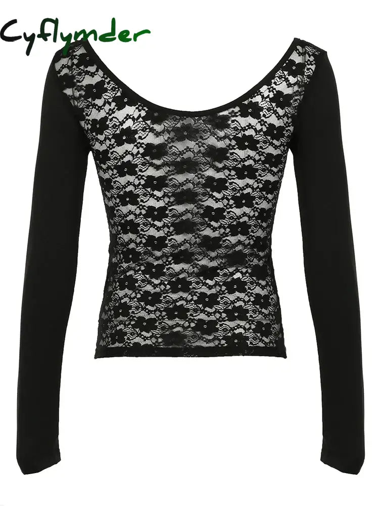 Cyflymder rave inspo outfits Back See Through Lace Patchwork Elegant Sexy Black T Shirt Women Button Up O Neck Slim