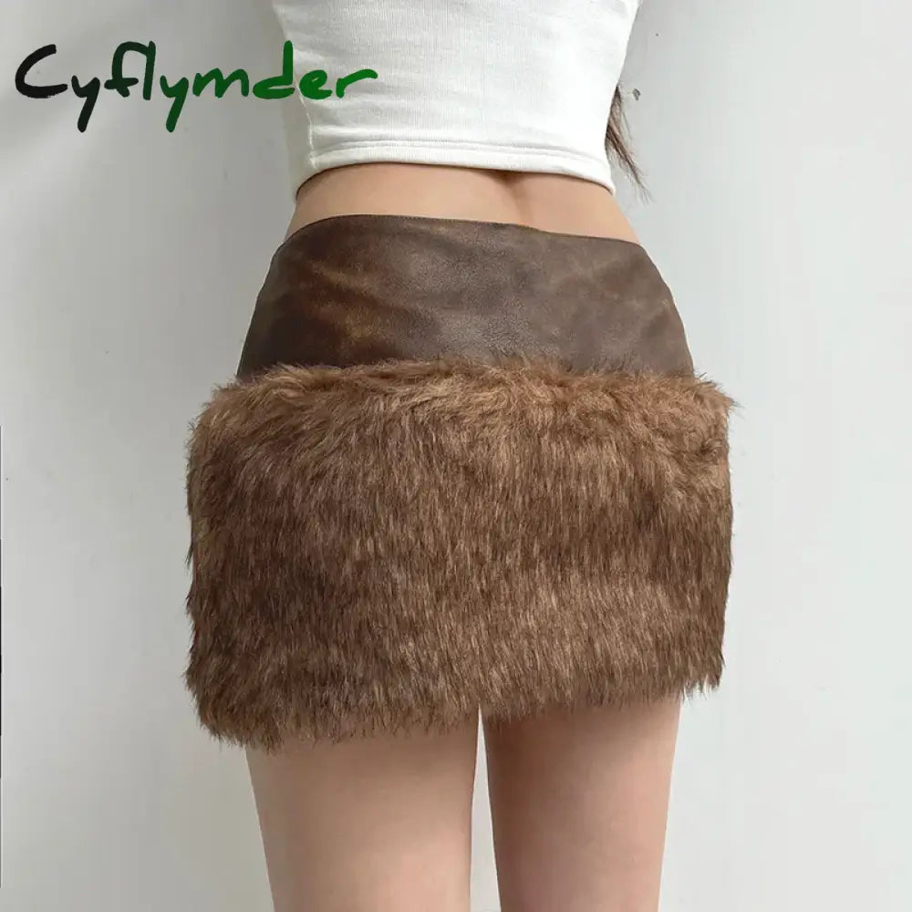 Cyflymder rave inspo outfits Wild Fashion Zipper Pu Patchwork Faux Fur Women’s Skirts Chic Sexy Skinny Mini Leather