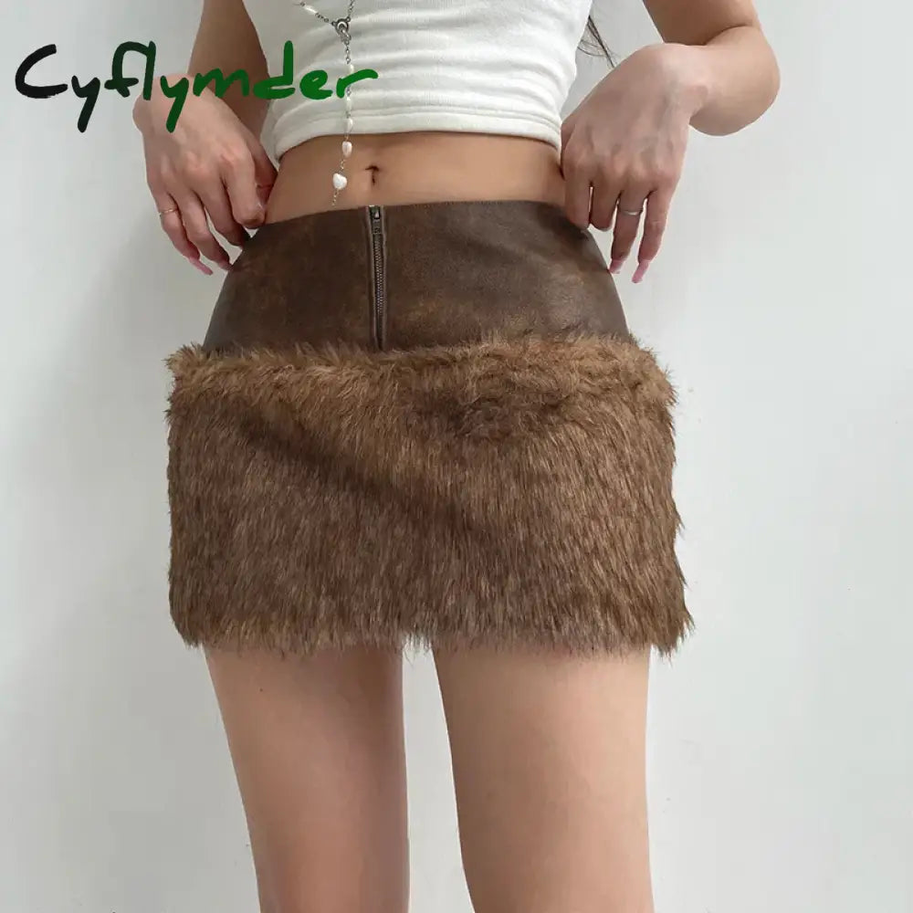 Cyflymder rave inspo outfits Wild Fashion Zipper Pu Patchwork Faux Fur Women’s Skirts Chic Sexy Skinny Mini Leather