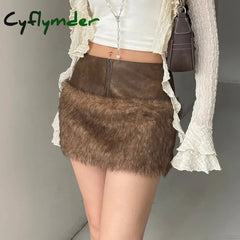 Cyflymder rave inspo outfits Wild Fashion Zipper Pu Patchwork Faux Fur Women’s Skirts Chic Sexy Skinny Mini Leather