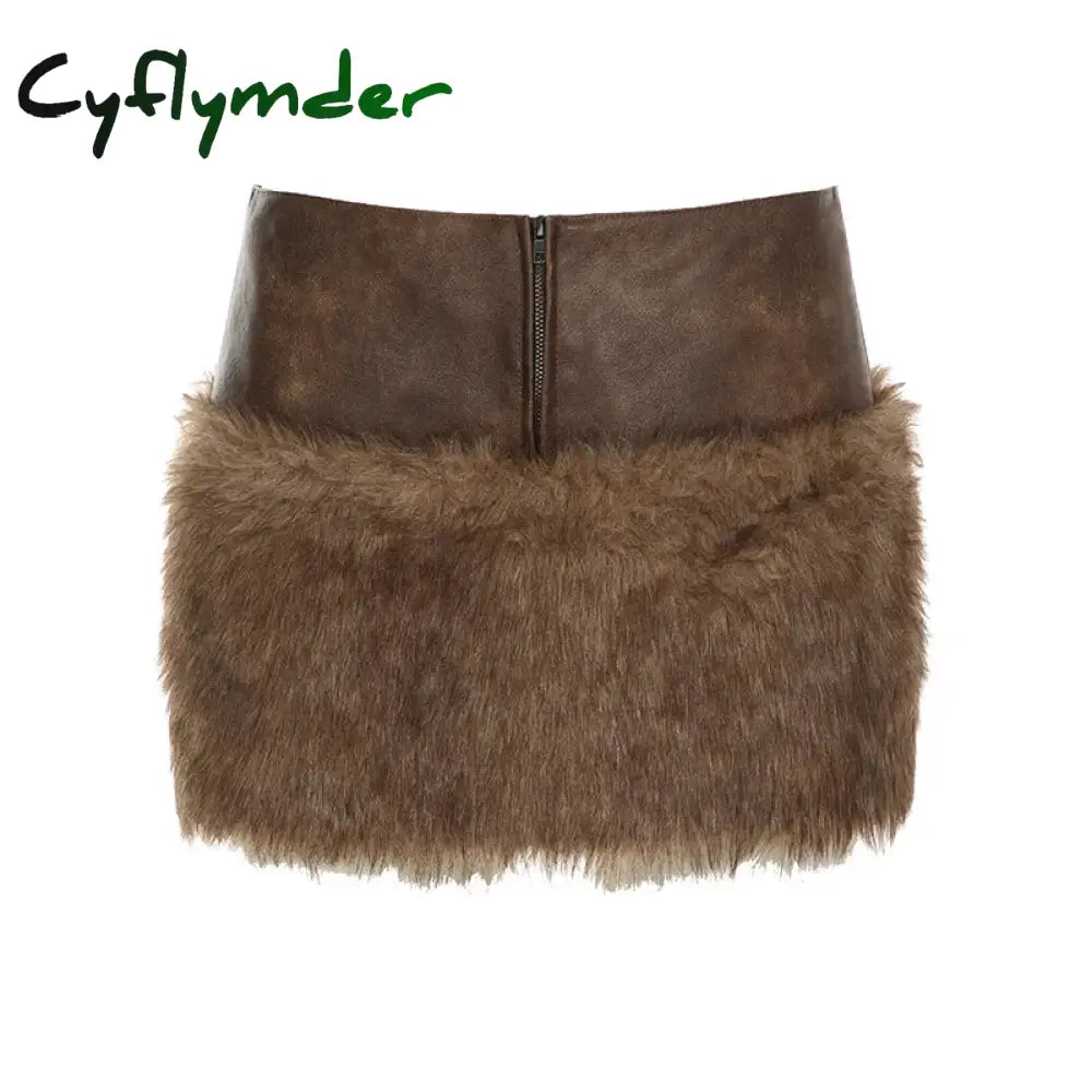 Cyflymder rave inspo outfits Wild Fashion Zipper Pu Patchwork Faux Fur Women’s Skirts Chic Sexy Skinny Mini Leather