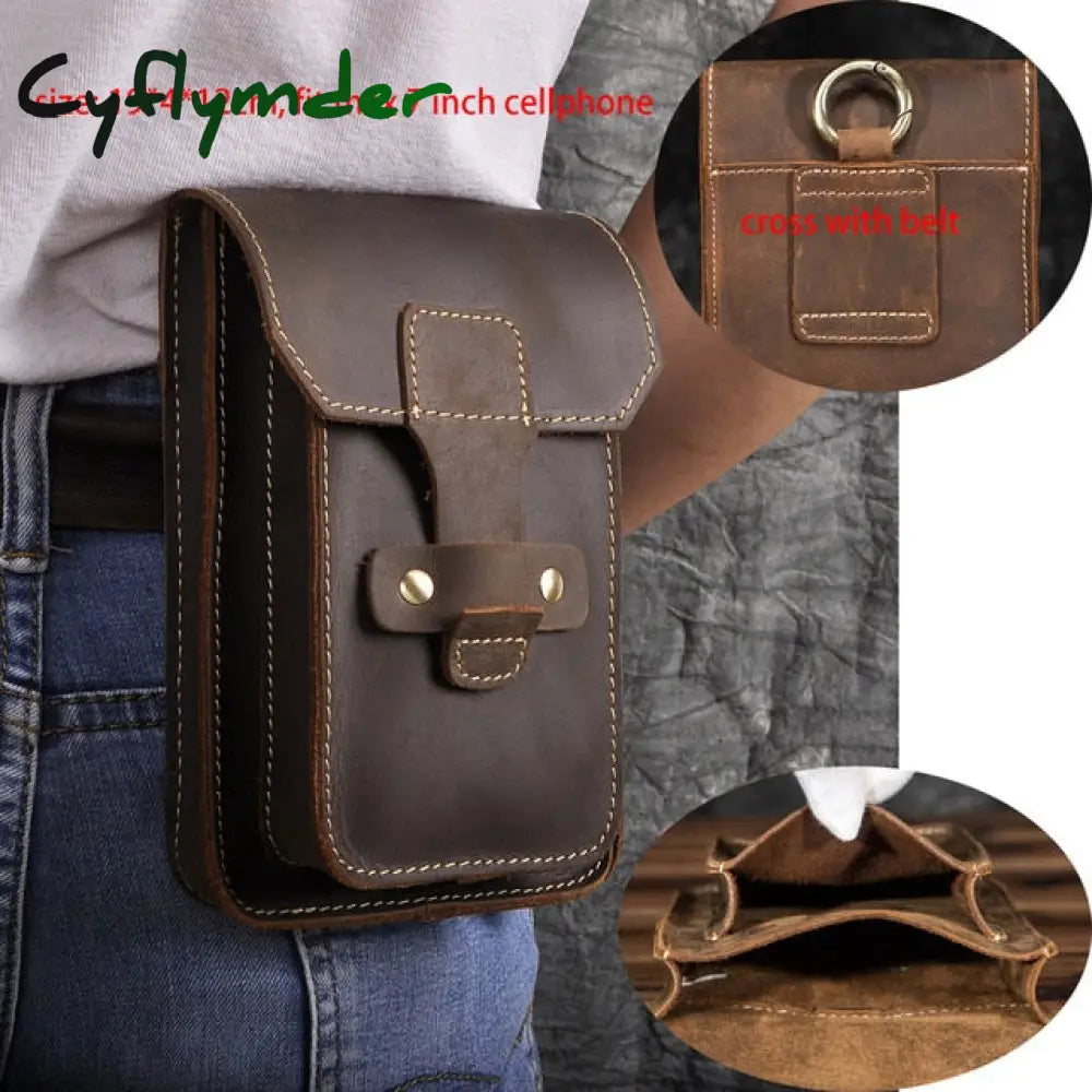 Cyflymder Real Leather Men Casual Design Small Waist Bag Cowhide Fashion Hook Bum Belt Pack
