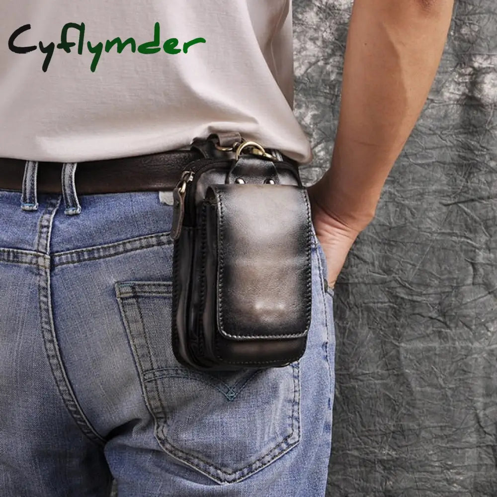 Cyflymder Real Leather Men Casual Design Small Waist Bag Cowhide Fashion Hook Bum Belt Pack