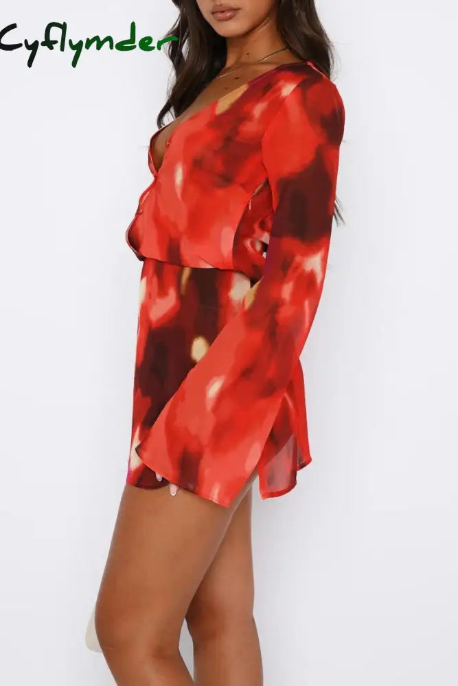 Cyflymder - Red Casual Print Tie Dye Slit V Neck Long Sleeve Dresses