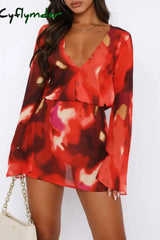 Cyflymder - Red Casual Print Tie Dye Slit V Neck Long Sleeve Dresses