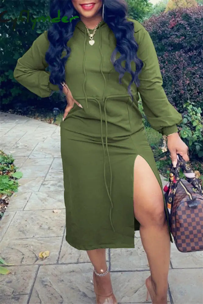 Cyflymder - Red Fashion Casual Solid Slit Hooded Collar Long Sleeve Dresses
