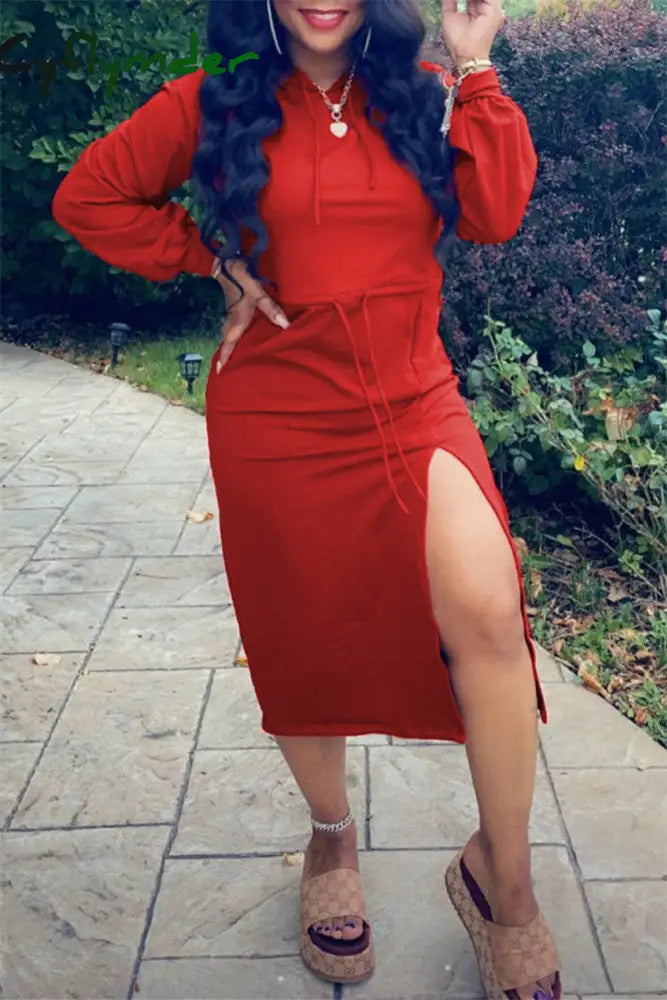 Cyflymder - Red Fashion Casual Solid Slit Hooded Collar Long Sleeve Dresses