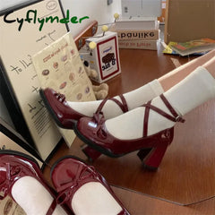 Red Mary Jane Women Pumps Thick High Heels Shoes Female Lolita Square Toe Shoes Spring Fashion Party Leather Woman Shoes New