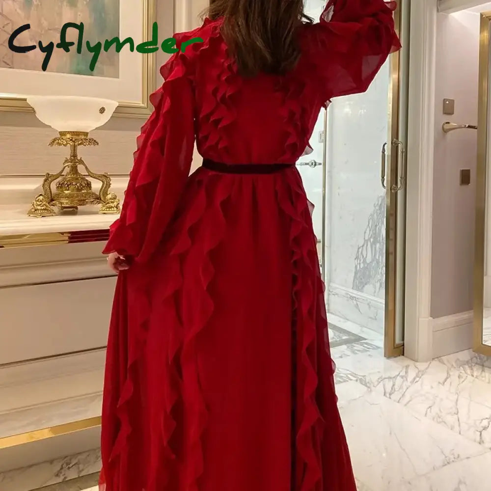 Cyflymder Red Ruffles Dress Women Vintage O Neck Flare Sleeve Clothing High Waisted Black Elegant