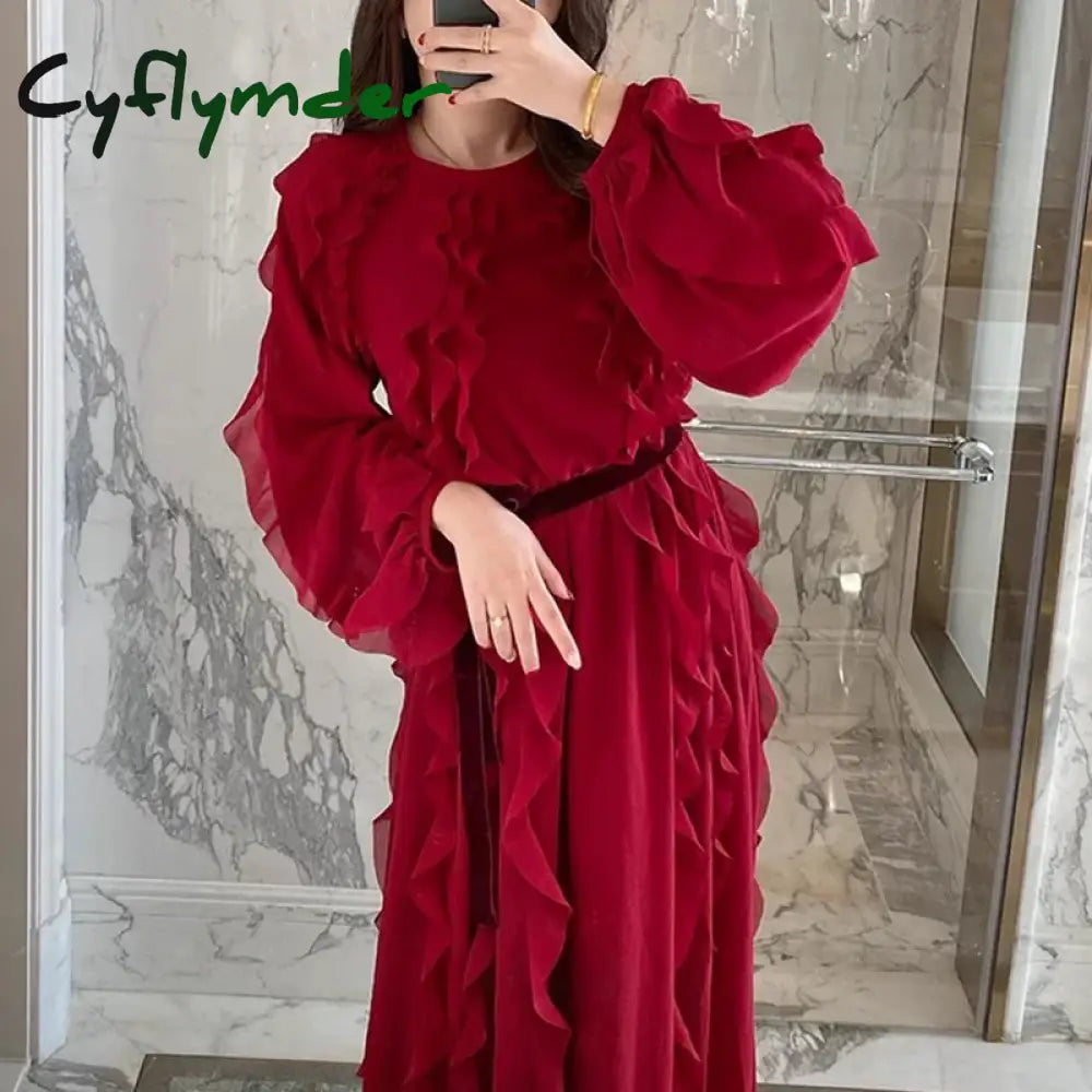 Cyflymder Red Ruffles Dress Women Vintage O Neck Flare Sleeve Clothing High Waisted Black Elegant