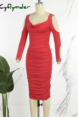 Cyflymder - Red Sexy Casual Solid Hollowed Out Patchwork Hot Drill V Neck Long Sleeve Dresses