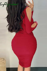 Cyflymder - Red Sexy Casual Solid Hollowed Out Patchwork Hot Drill V Neck Long Sleeve Dresses