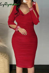 Cyflymder - Red Sexy Casual Solid Hollowed Out Patchwork Hot Drill V Neck Long Sleeve Dresses