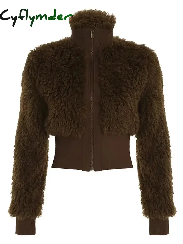 Cyflymder Retro Brown Fur Coat Y2K Turtleneck Zipper Jacket Vintage Casual Winter Thick Outwear Streetwear Women